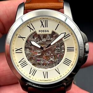 Fossil Grant ME3099 Automatic Mens Watch Skeleton Dial Leather Strap 44mm NIBWT